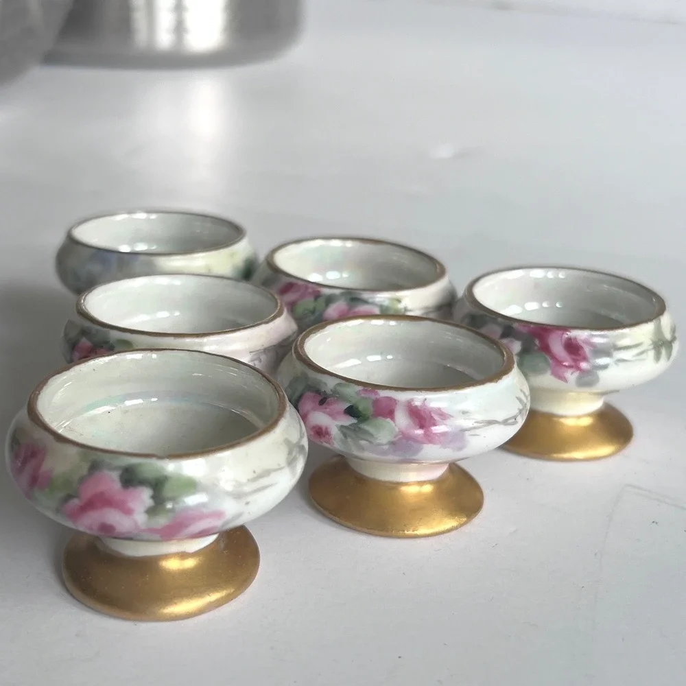 Vintage Hand Painted Porcelain Salt Cellars Set of 6 Pink Rose Gold Footed Bowls